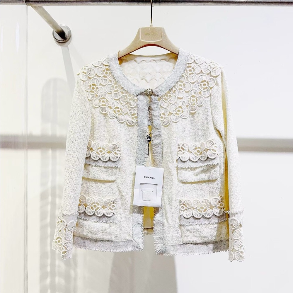 Authentic Chanel White Lace Trim Women's Jacket